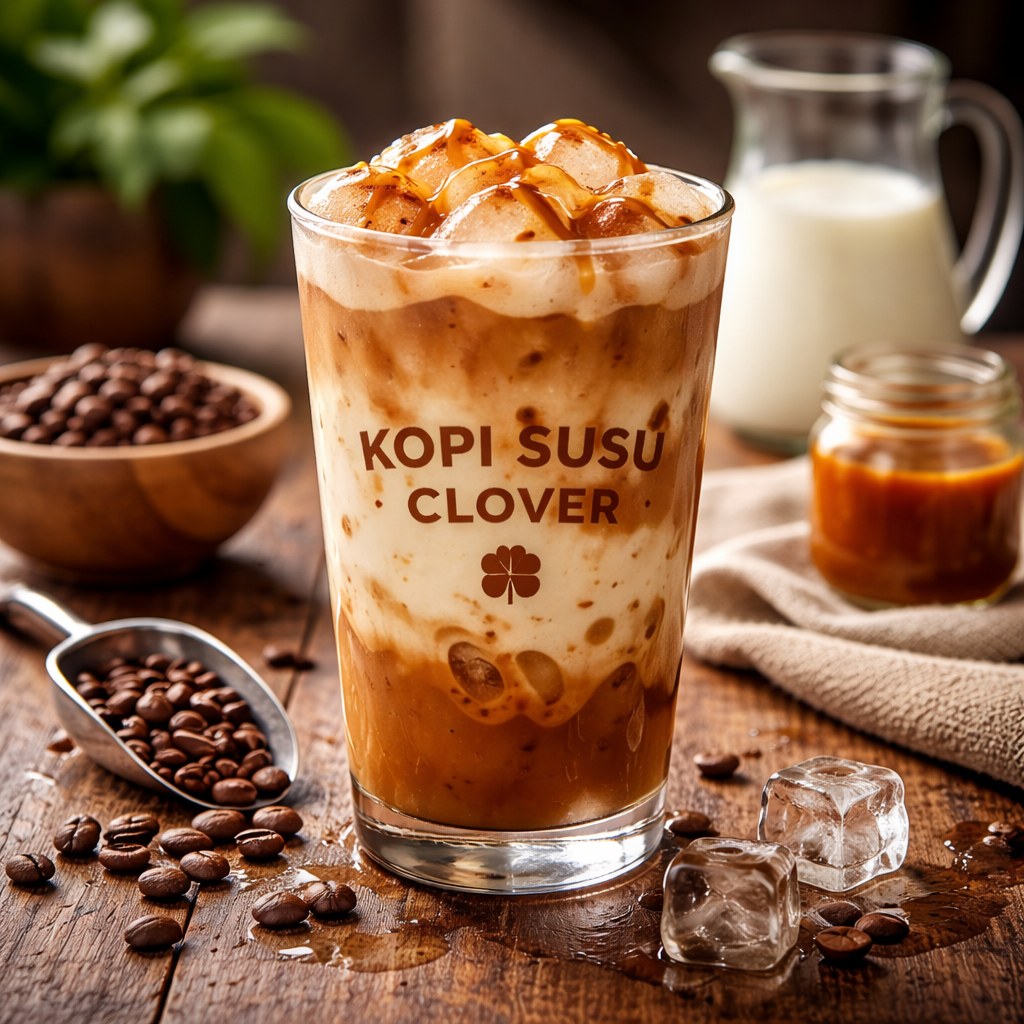 Kopi Susu Clover dengan perpaduan espresso, susu, dan gula aren